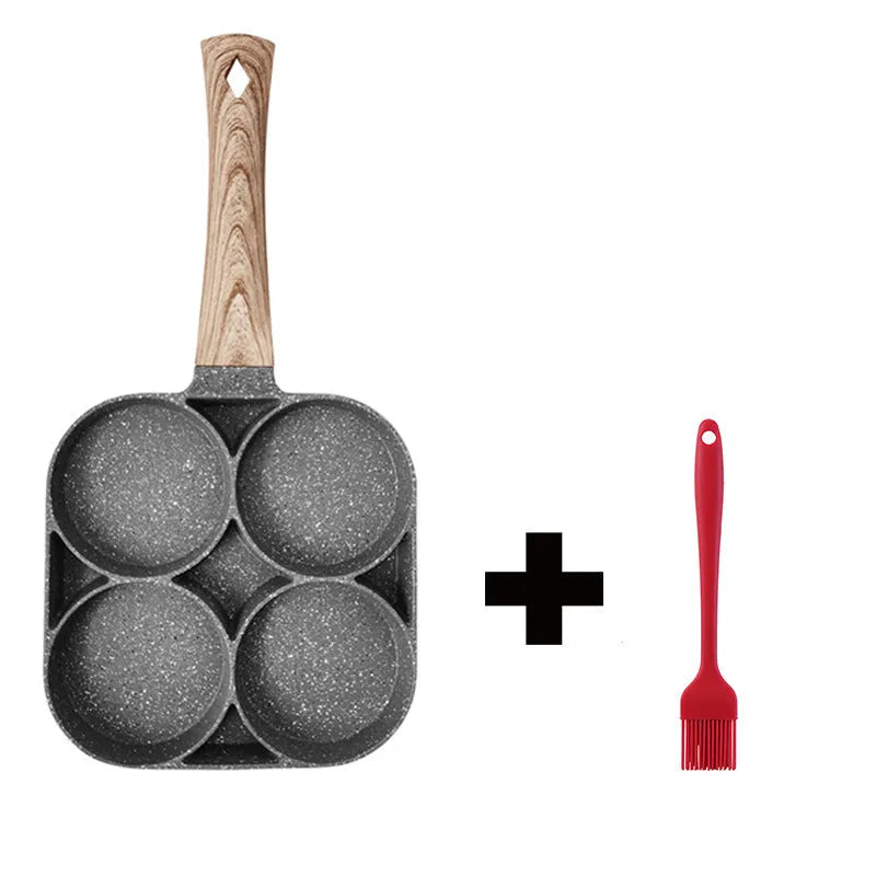Four-hole non-stick frying pan with bakelite handle for making eggs and burgers