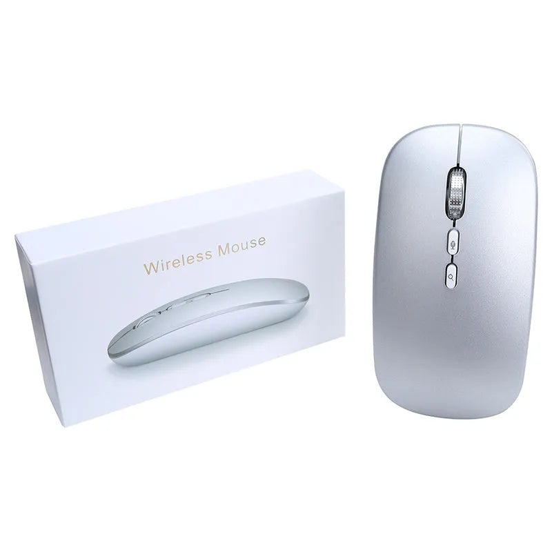 Silver intelligent voice mouse with voice typing translation and wireless charging on desk