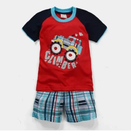 Boys' summer clothes set in natural coloured cotton with cartoon prints, sizes 2Y to 7Y for ages 3-8 years