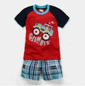 Boys' summer clothes set in natural coloured cotton with cartoon prints, sizes 2Y to 7Y for ages 3-8 years