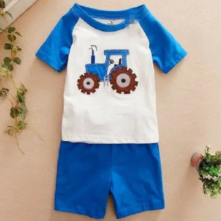 Boys' summer clothes set in natural coloured cotton with cartoon prints, sizes 2Y to 7Y for ages 3-8 years