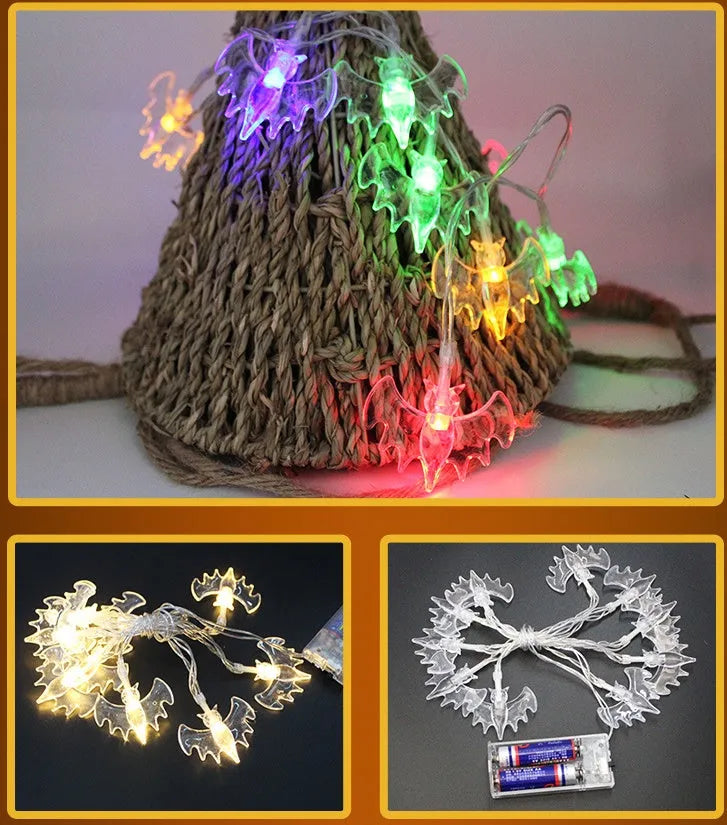 Halloween battery LED string lights with pumpkin, bat, and ghost pendants on a 1.2m waterproof string.