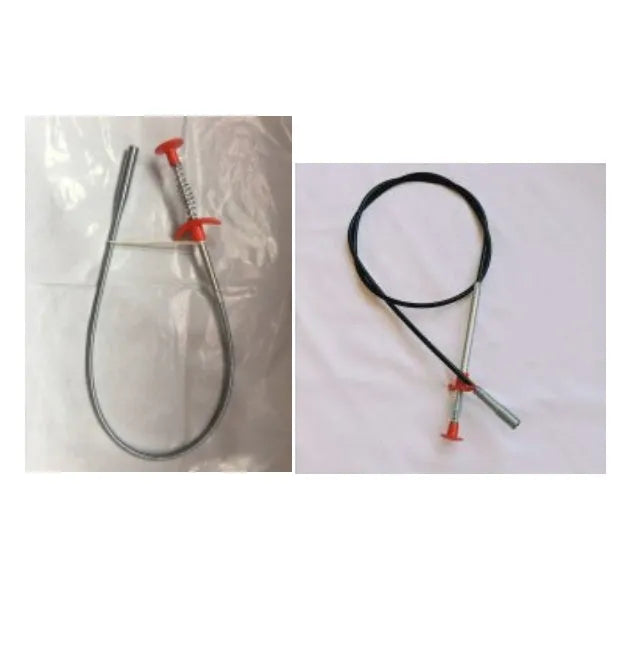 Black sewer dredge spring drain unclogging tool with PP handle next to a kitchen sink