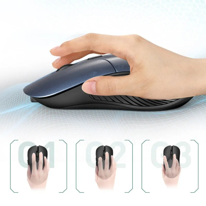 Blue rechargeable wireless voice translation mouse with voice control button.