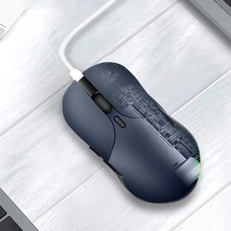 Blue rechargeable wireless voice translation mouse with voice control button.