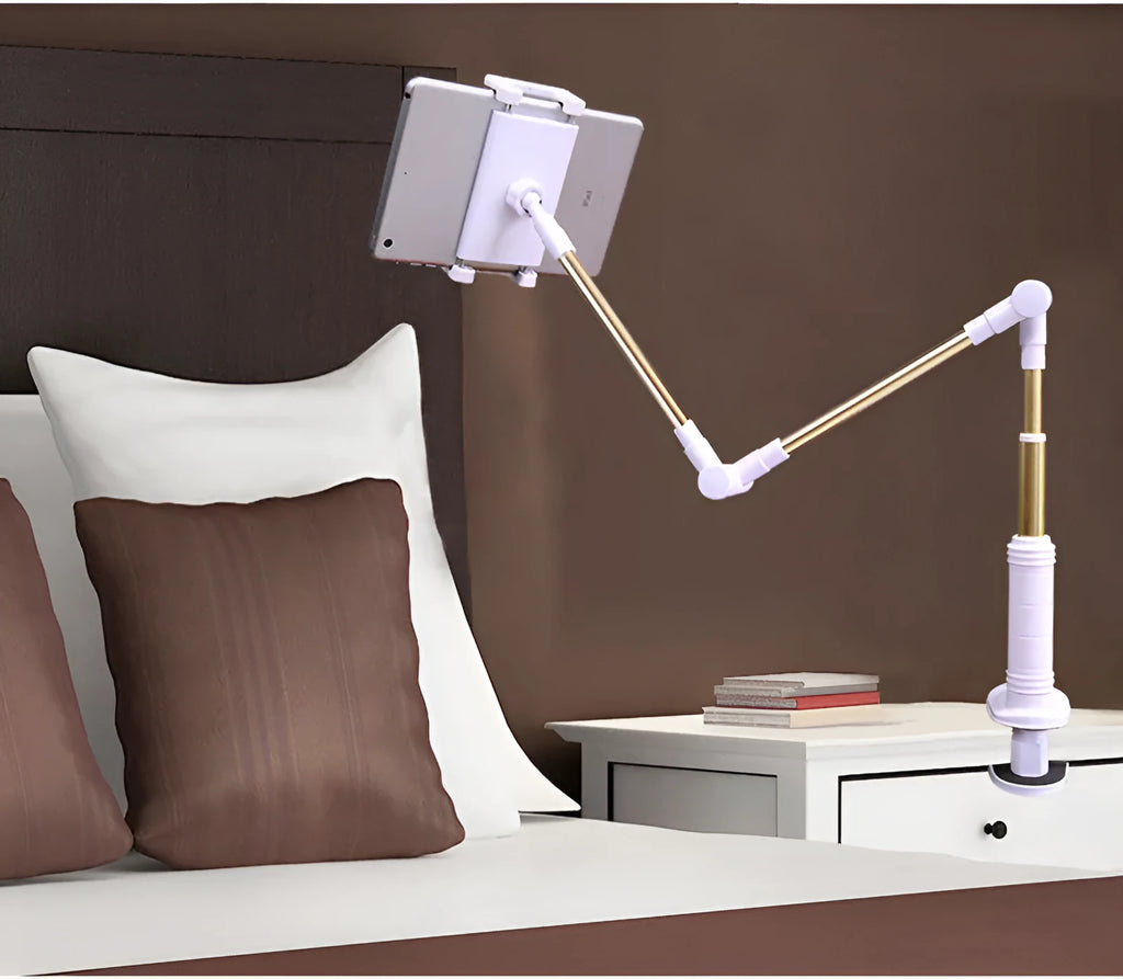 Folding long arm tablet phone stand holder in black gold with adjustable arm for iPad Pro and Kindle