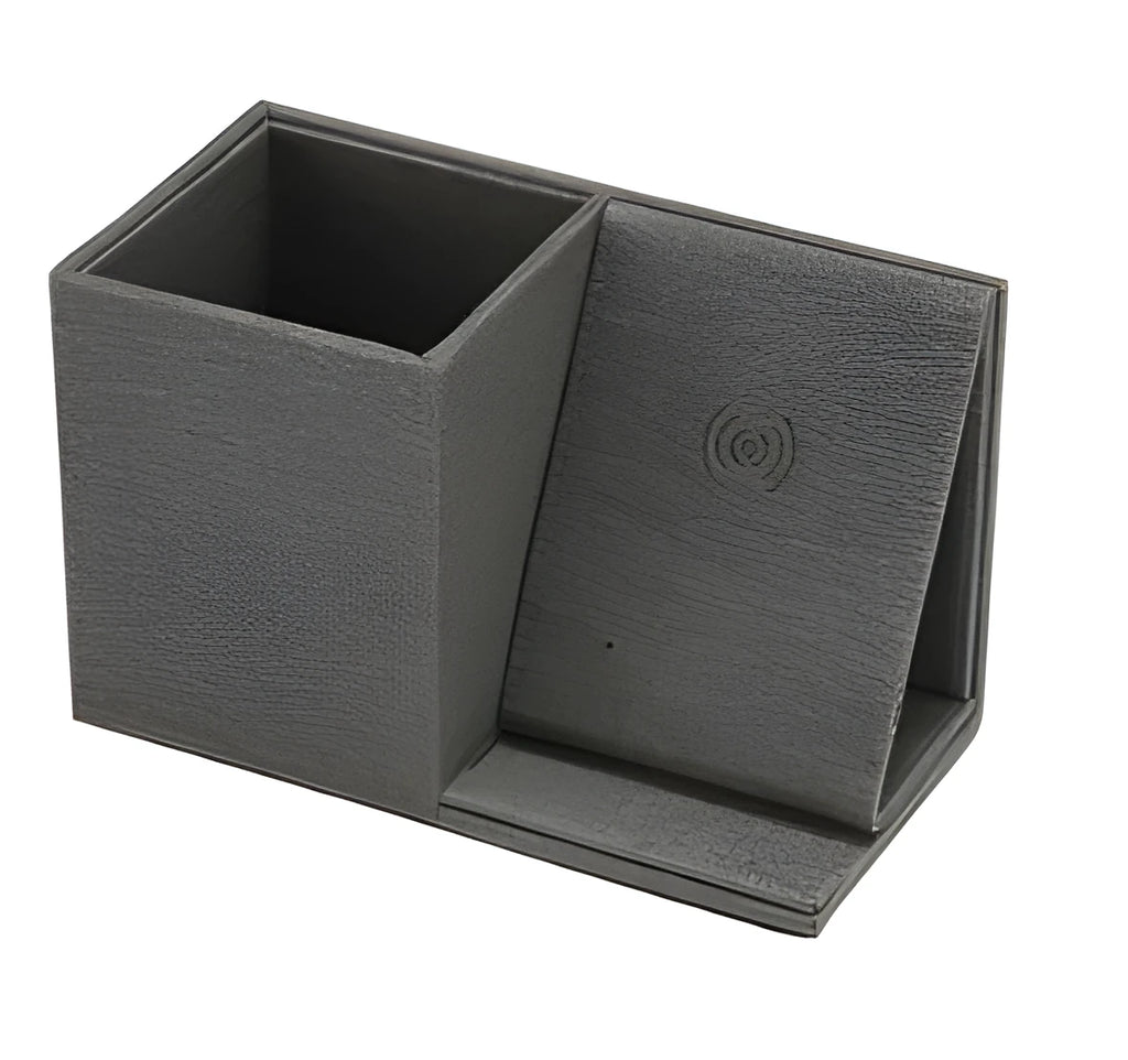 Multifunctional PU wireless charging pen holder storage box in grey with pens inside and LED indicator
