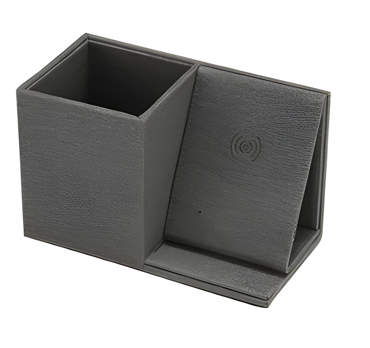 Multifunctional PU wireless charging pen holder storage box in grey with pens inside and LED indicator