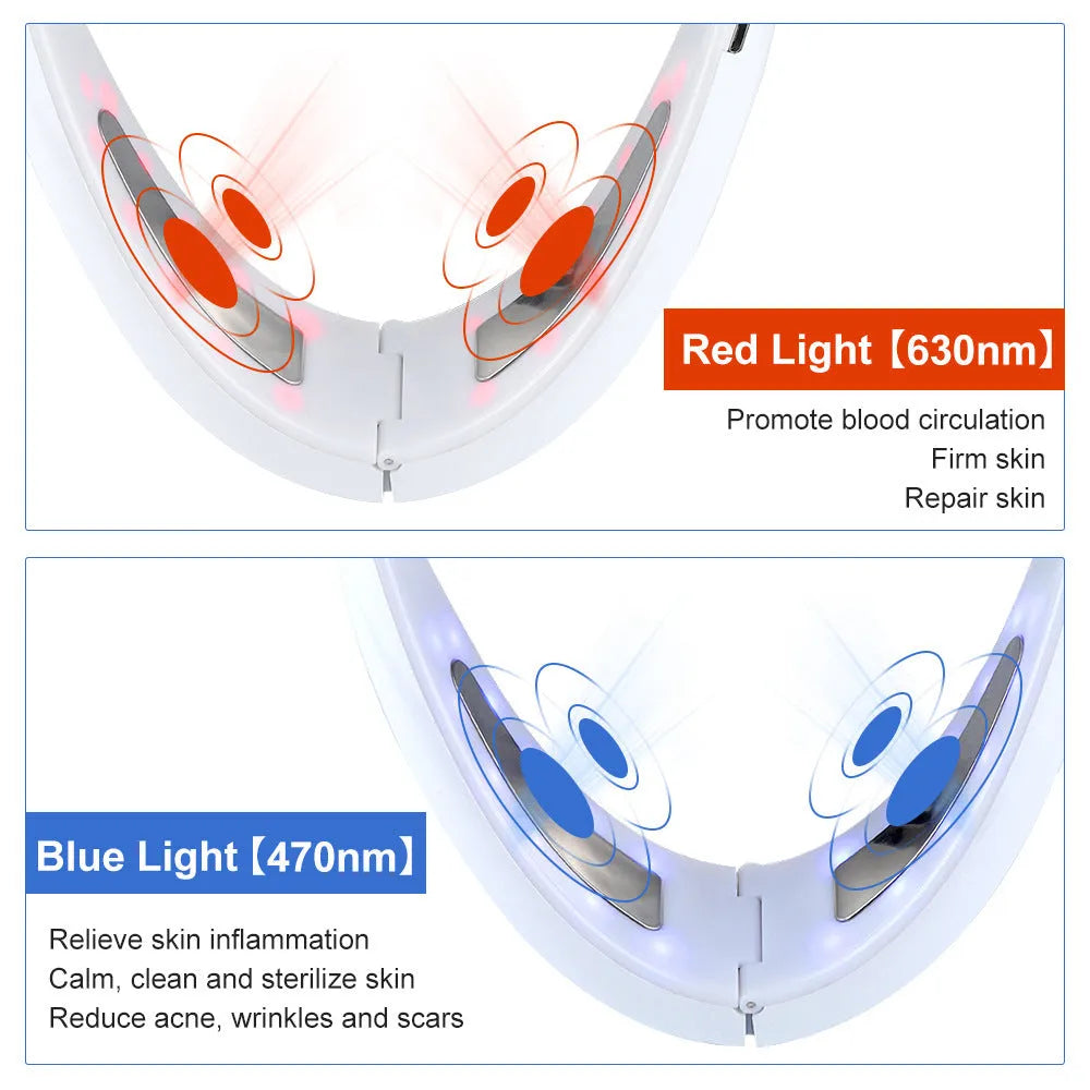 White facial lifting device with red and blue LED lights for home skincare treatment