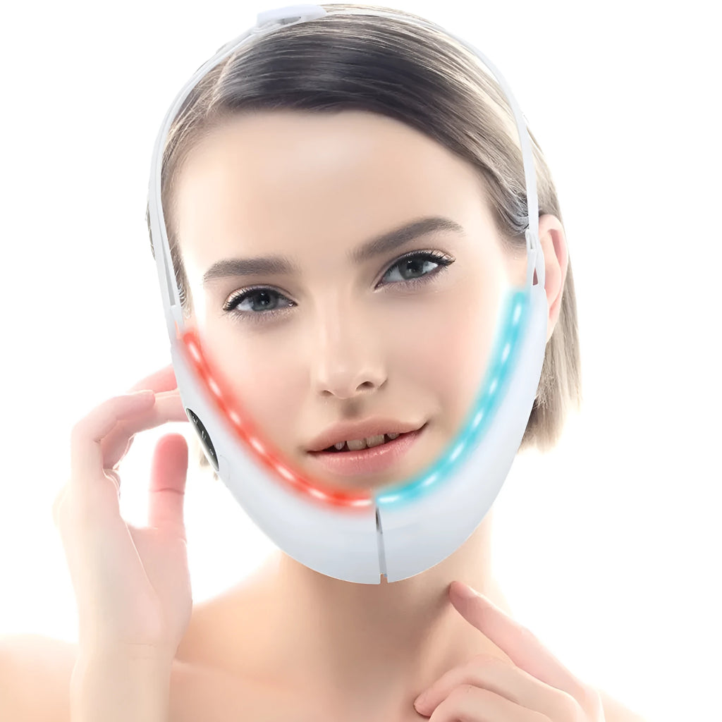 White facial lifting device with red and blue LED lights for home skincare treatment