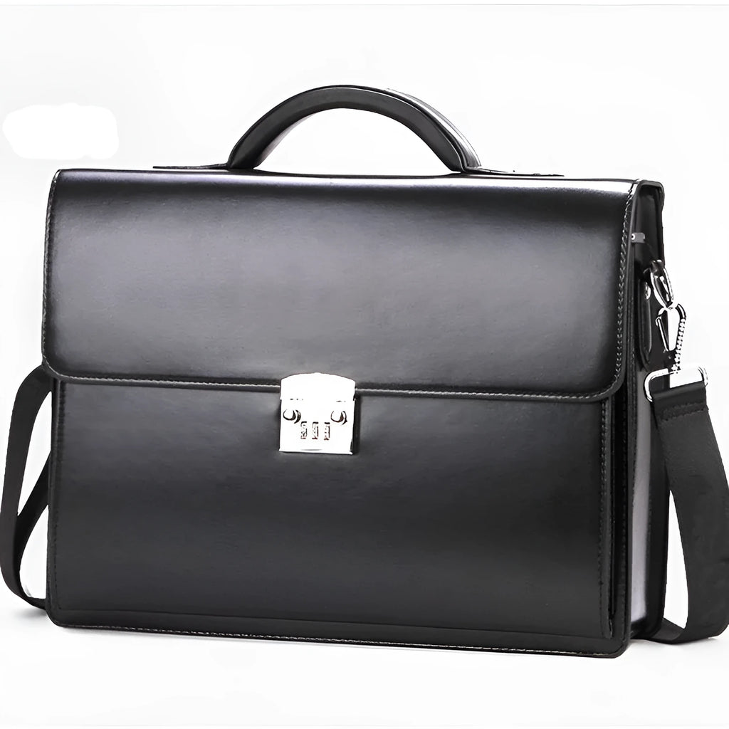 Black PU leather men's business briefcase with a zipper and detachable handle on a white background.
