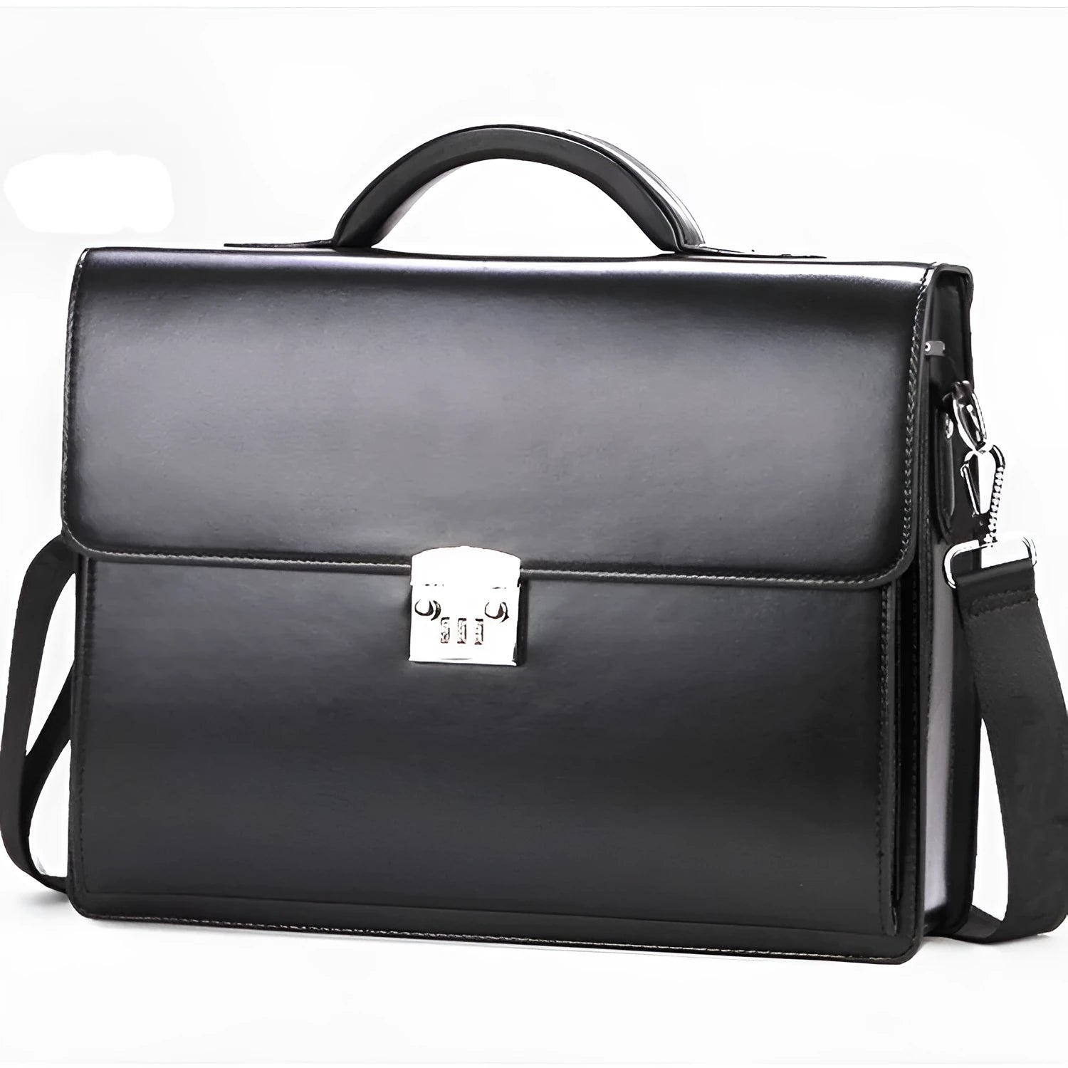 Black PU leather men's business briefcase with a zipper and detachable handle on a white background.