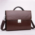 Black PU leather men's business briefcase with a zipper and detachable handle on a white background.