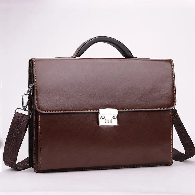 Black PU leather men's business briefcase with a zipper and detachable handle on a white background.