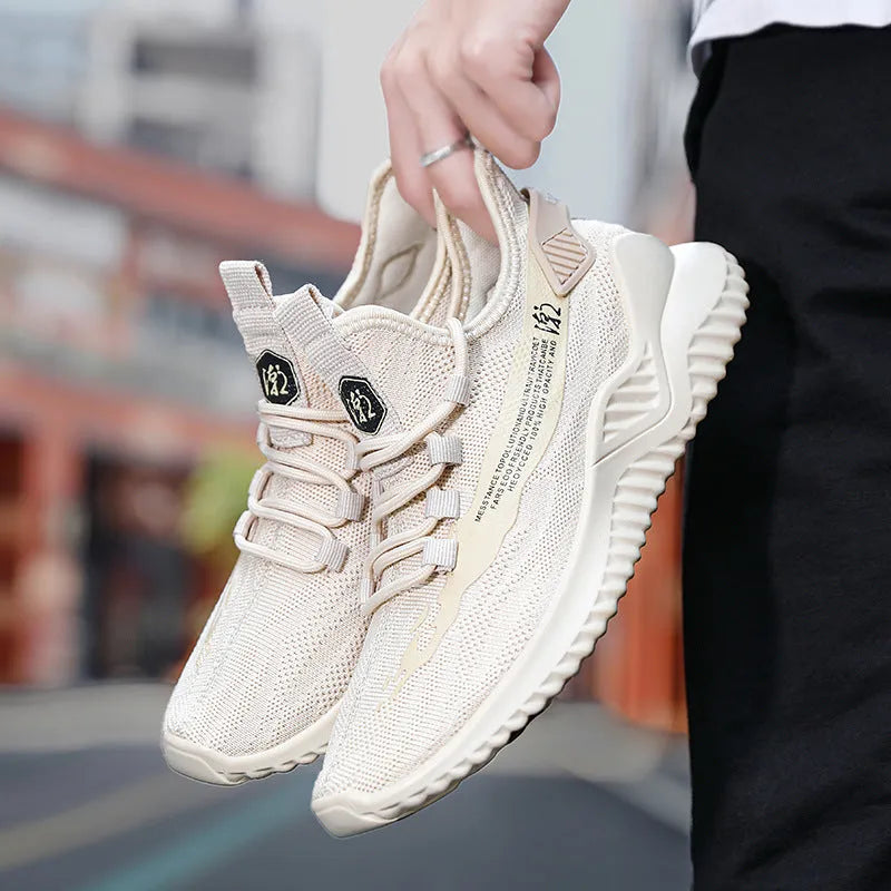 Men's low-top white mesh sports shoes with rubber sole and lace-up front