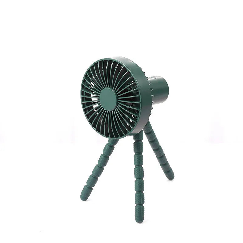Adjustable tripod desktop fan with a bending head in black, shown in handheld and desktop positions.