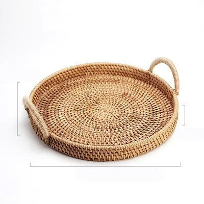 Round handwoven rattan basket with a wooden handle, shown in three size options.