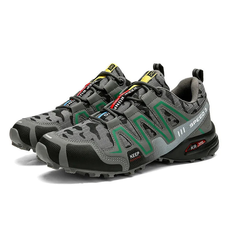 Men's nubuck leather hiking shoes in dark gray camouflage with lace-up closure and rubber outsole