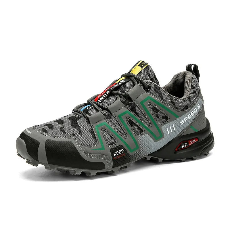 Men's nubuck leather hiking shoes in dark gray camouflage with lace-up closure and rubber outsole