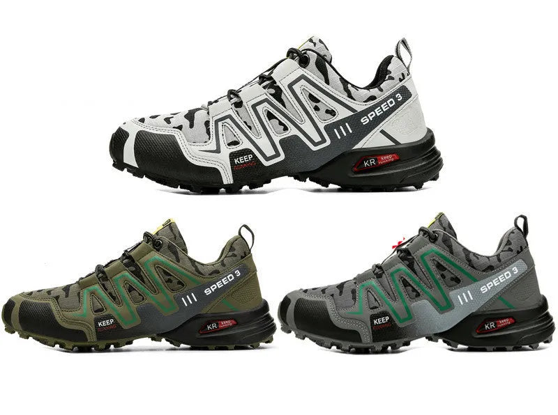 Men's nubuck leather hiking shoes in dark gray camouflage with lace-up closure and rubber outsole
