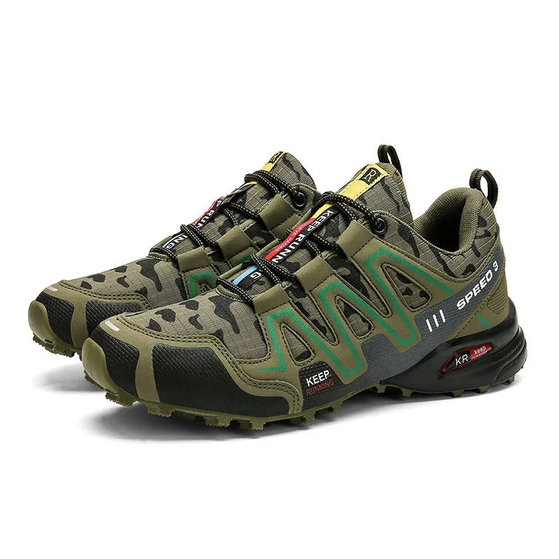 Men's nubuck leather hiking shoes in dark gray camouflage with lace-up closure and rubber outsole