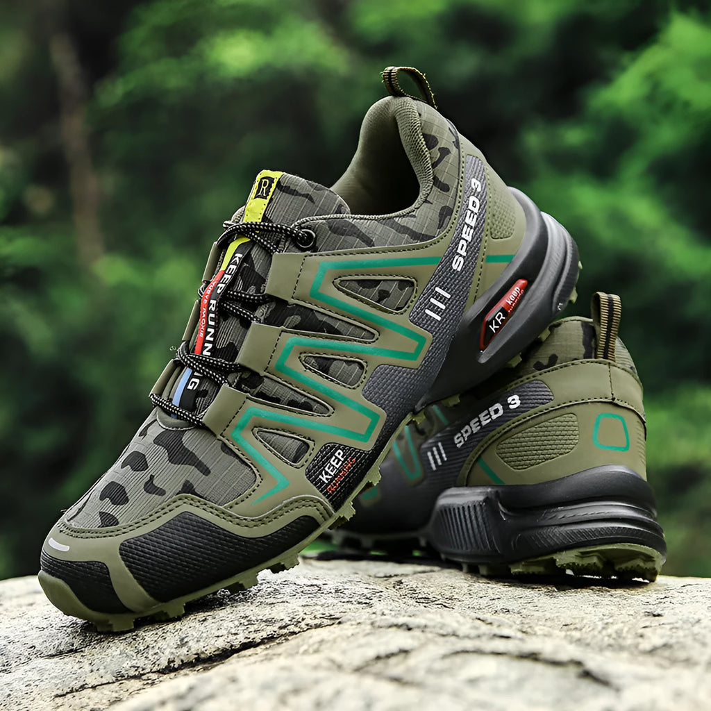 Men's nubuck leather hiking shoes in dark gray camouflage with lace-up closure and rubber outsole