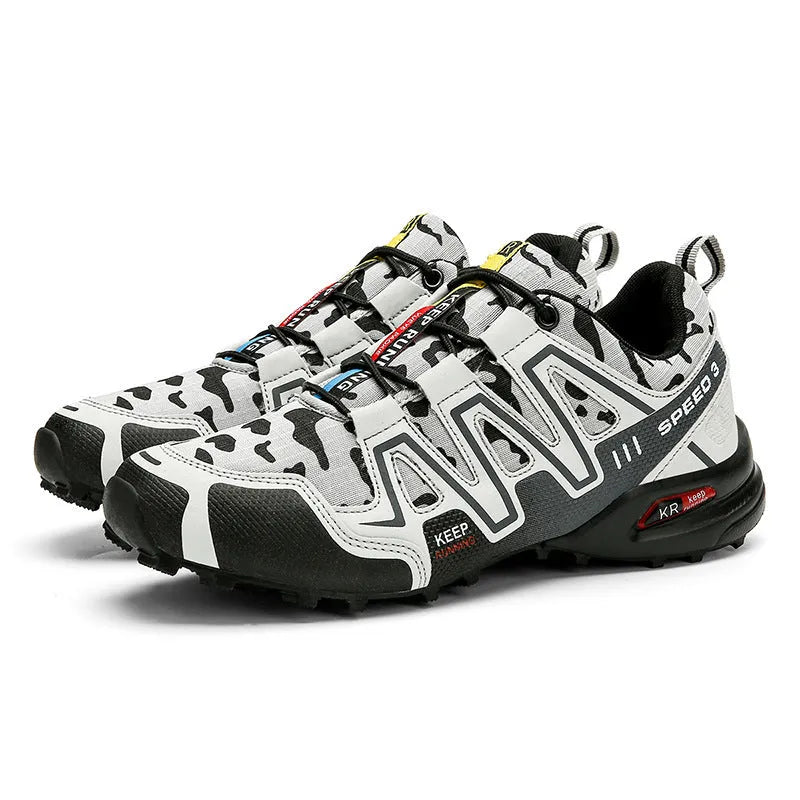 Men's nubuck leather hiking shoes in dark gray camouflage with lace-up closure and rubber outsole