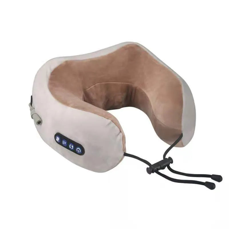 Brown U shaped electric neck massage pillow with kneading and hot compress function for cervical shoulder back relaxation