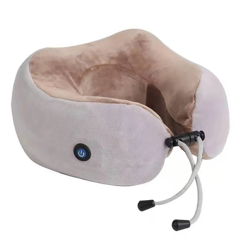 Brown U shaped electric neck massage pillow with kneading and hot compress function for cervical shoulder back relaxation