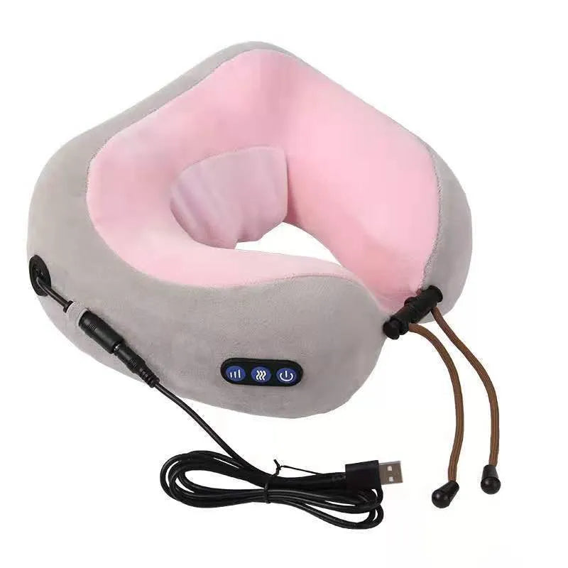 Brown U shaped electric neck massage pillow with kneading and hot compress function for cervical shoulder back relaxation