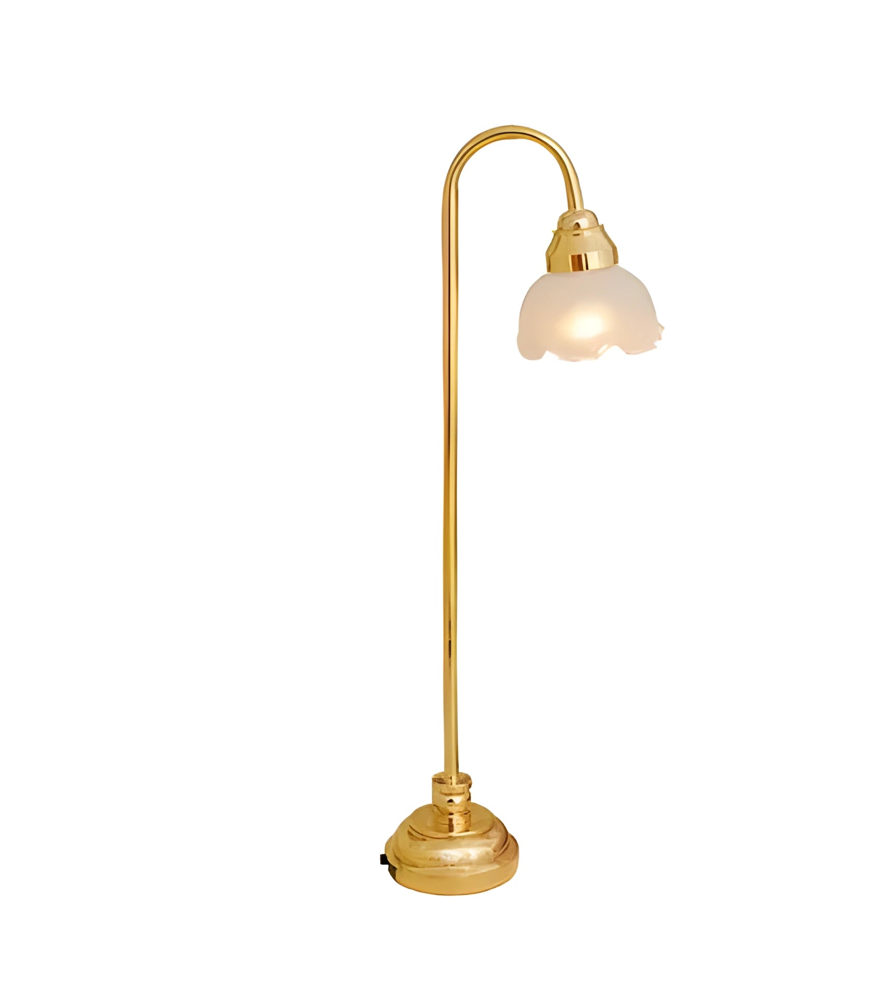 Miniature dollhouse LED floor lamp with glass shade on metal stand