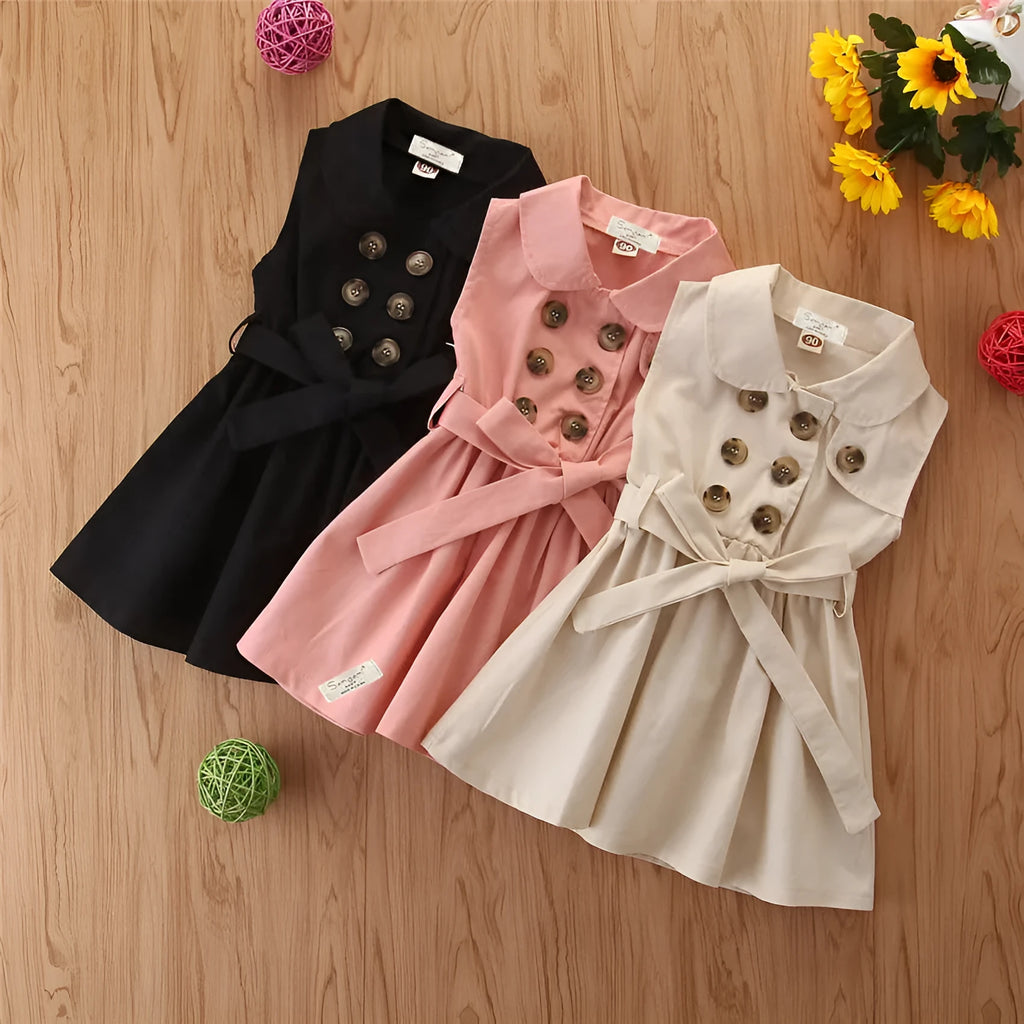 Toddler girl's sleeveless pink A-line cotton princess dress with sash detail on hanger