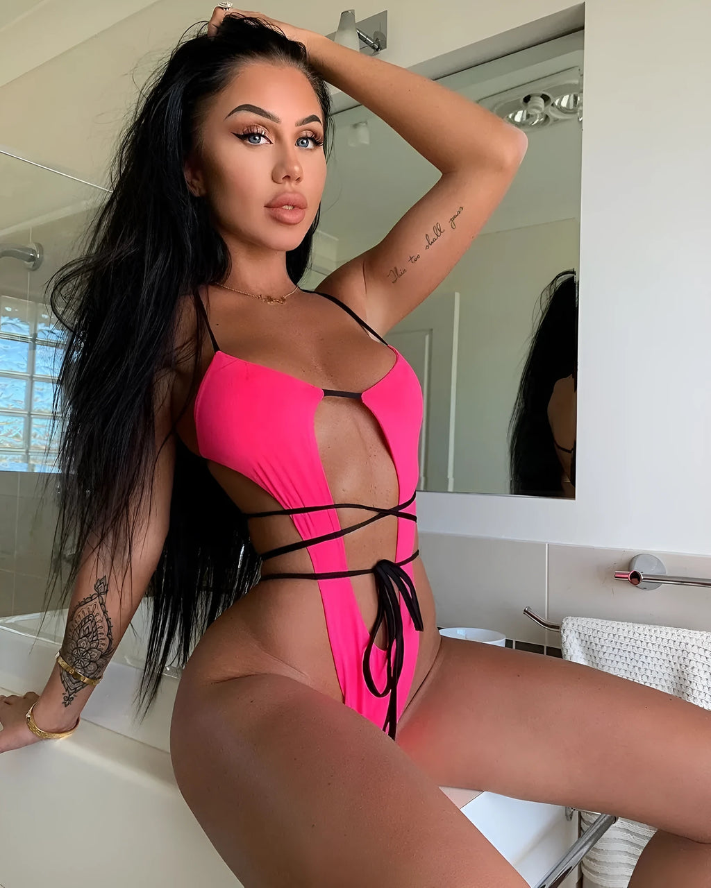 Cross band one-piece swimsuit with low back cutout in solid colour, available in black, pink, white, yellow, sizes S to XL