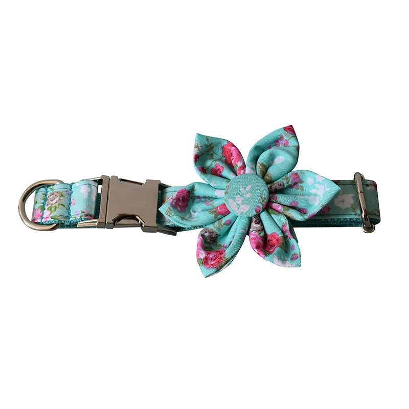 Cotton dog collar and leash set with green rose flower pattern on beige background, available in sizes S M L XL