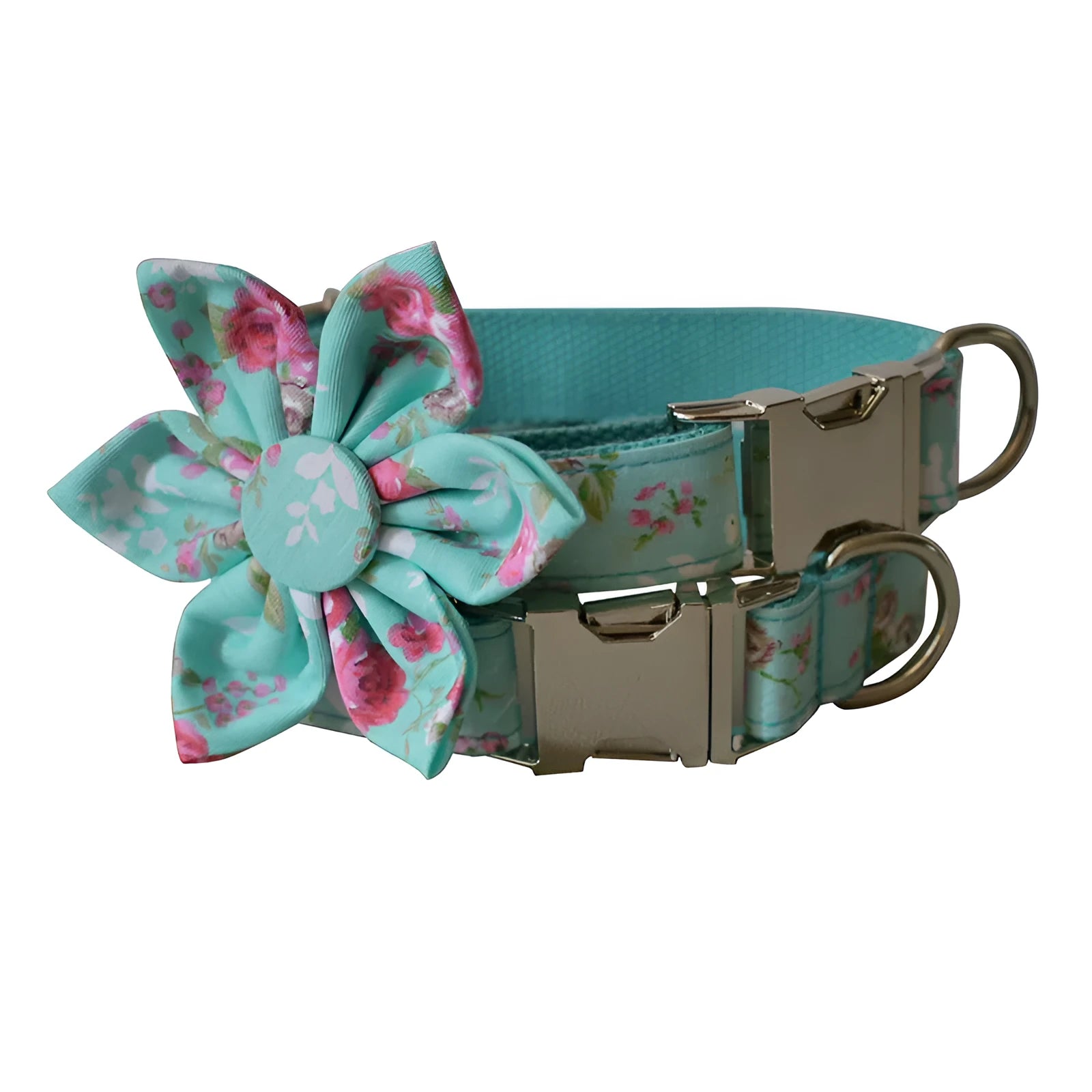 Cotton dog collar and leash set with green rose flower pattern on beige background, available in sizes S M L XL