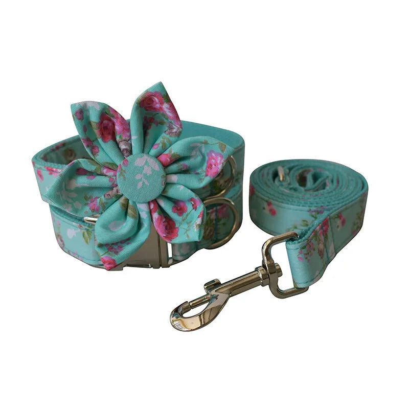 Cotton dog collar and leash set with green rose flower pattern on beige background, available in sizes S M L XL