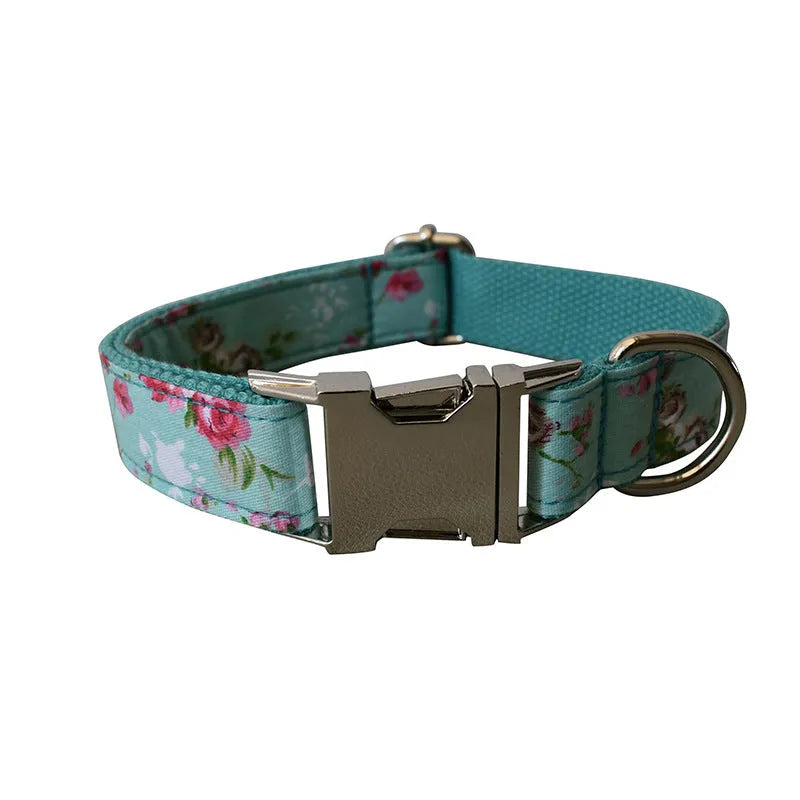 Cotton dog collar and leash set with green rose flower pattern on beige background, available in sizes S M L XL