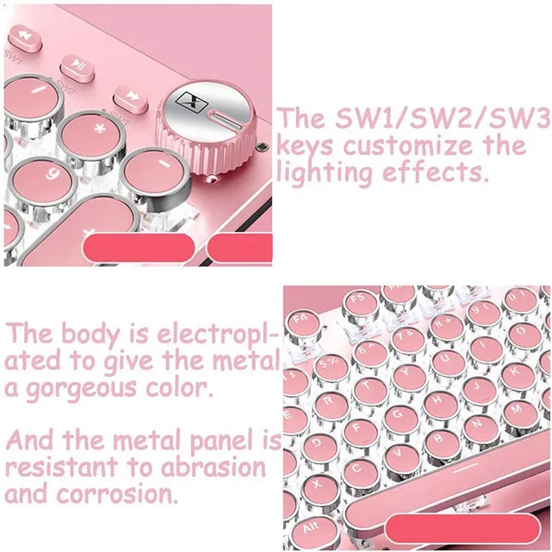 Silver and pink mechanical keyboard with green switches and white backlighting on a desk.
