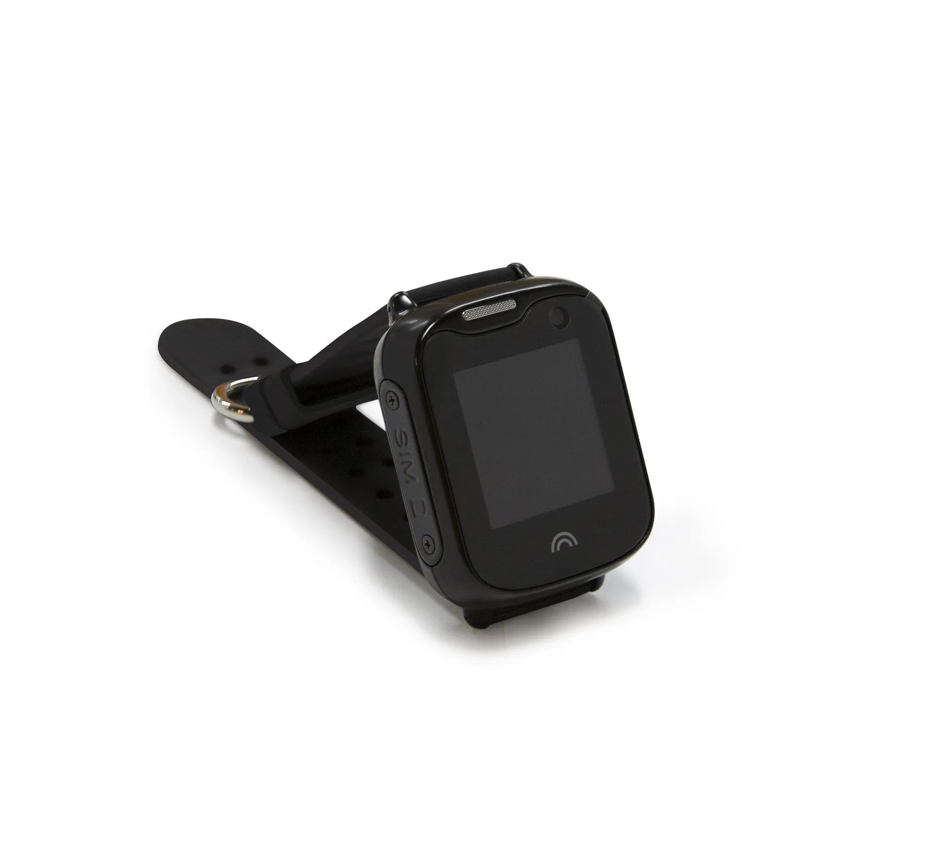 Child's black waterproof smartwatch with a colour touch screen on a silicone strap.