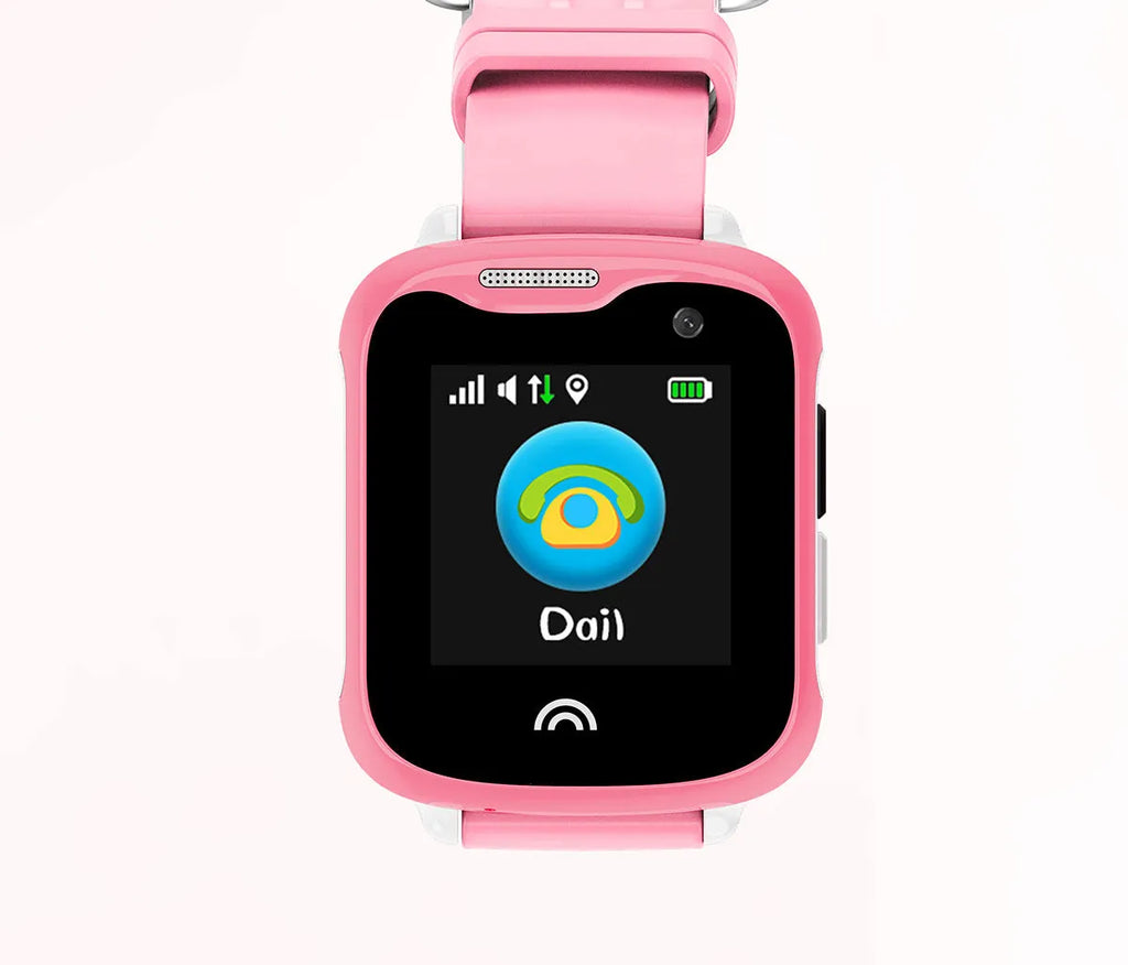 Child's black waterproof smartwatch with a colour touch screen on a silicone strap.