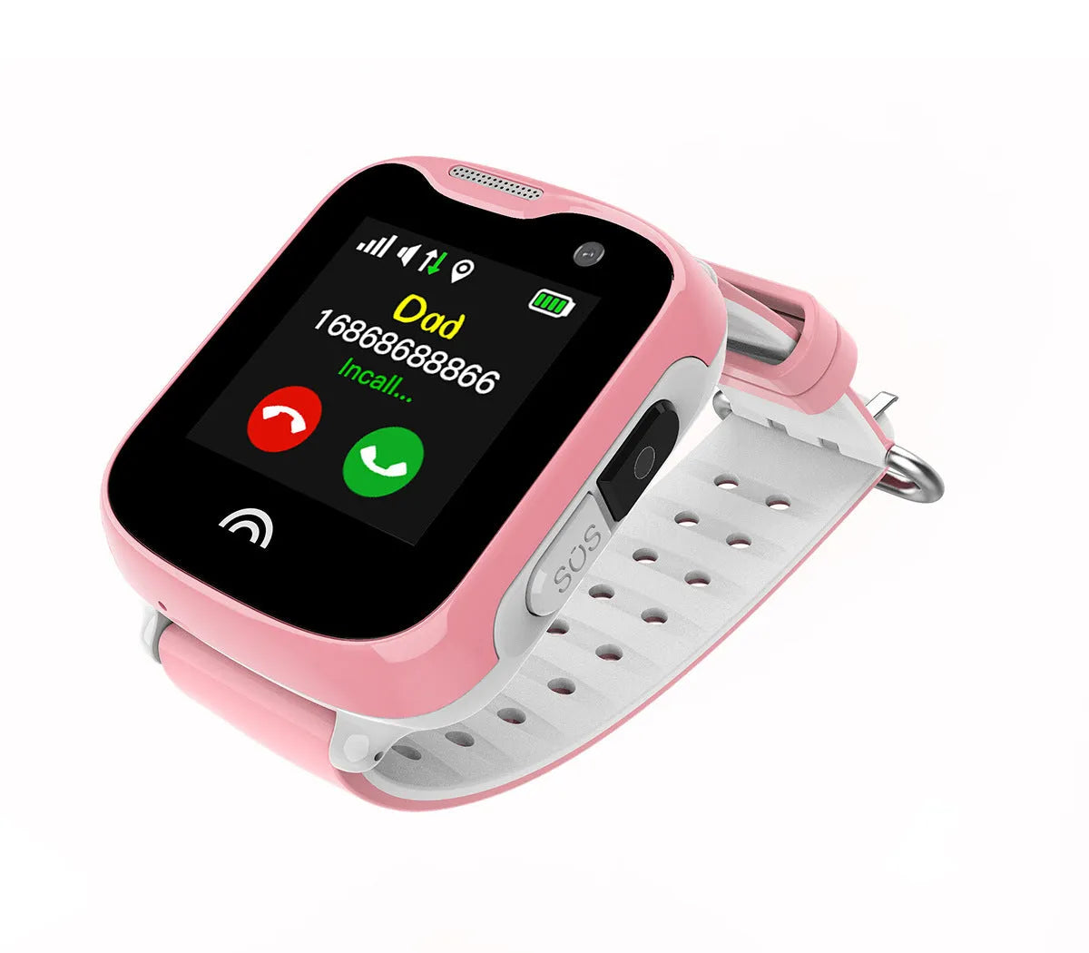 Child's black waterproof smartwatch with a colour touch screen on a silicone strap.