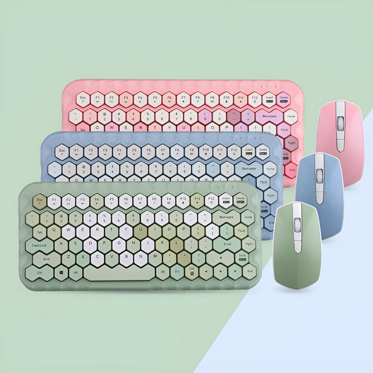 Girl Heart wireless keyboard and mouse set in blue, green, and pink colour options with USB receiver