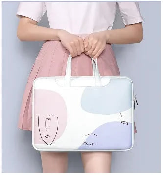 Blue PU leather laptop bag for a 15.6-inch notebook, shown with a zipper open and a soft handle.