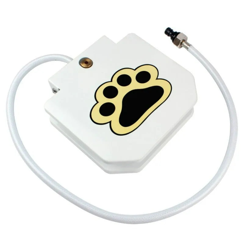 Paw-activated stainless steel dog water fountain, 22x21.5x5cm, with garden hose connector and copper valve