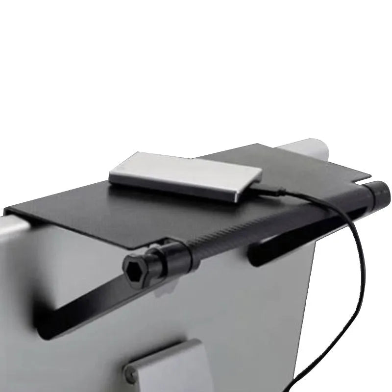 Plastic hook-mount desktop stand holding a TV set-top box and router in colour option 3A.