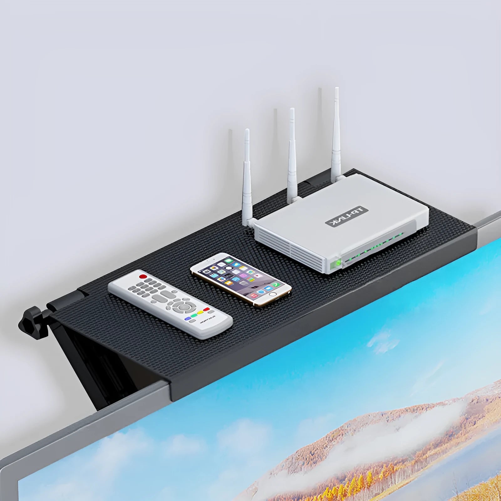 Plastic hook-mount desktop stand holding a TV set-top box and router in colour option 3A.