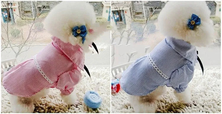 Cotton bubble sleeve bow tie pet shirt in red or blue stripes, sizes S to XXL for dogs and small pets