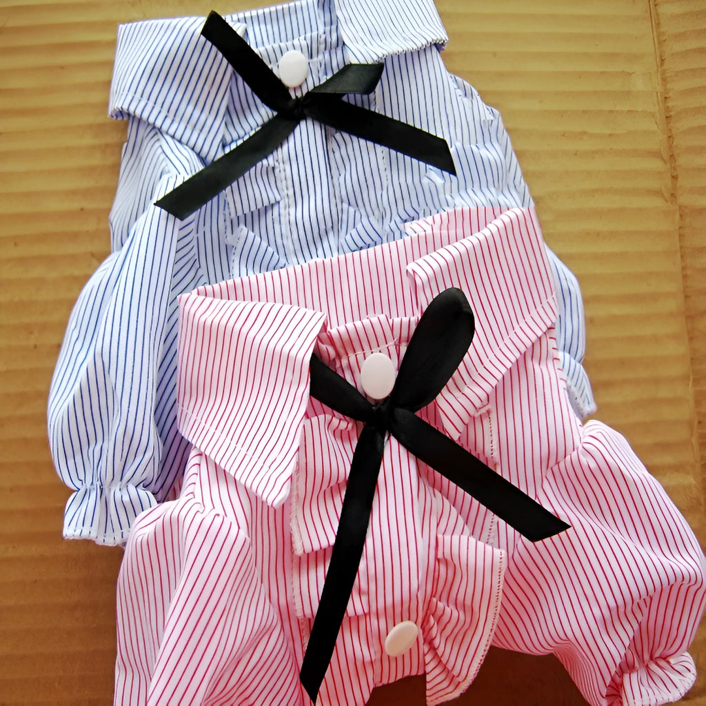 Cotton bubble sleeve bow tie pet shirt in red or blue stripes, sizes S to XXL for dogs and small pets