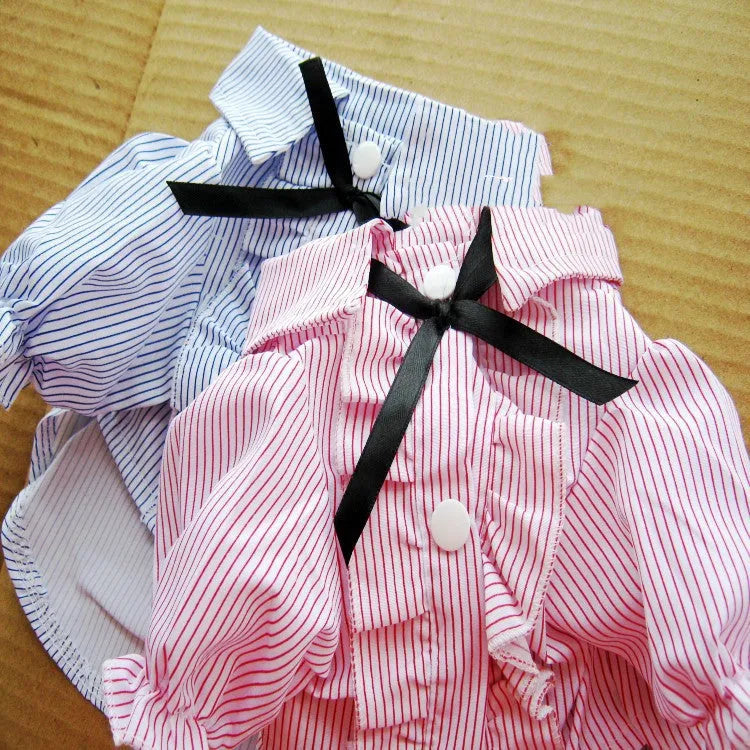 Cotton bubble sleeve bow tie pet shirt in red or blue stripes, sizes S to XXL for dogs and small pets