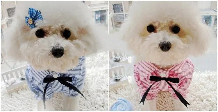 Cotton bubble sleeve bow tie pet shirt in red or blue stripes, sizes S to XXL for dogs and small pets